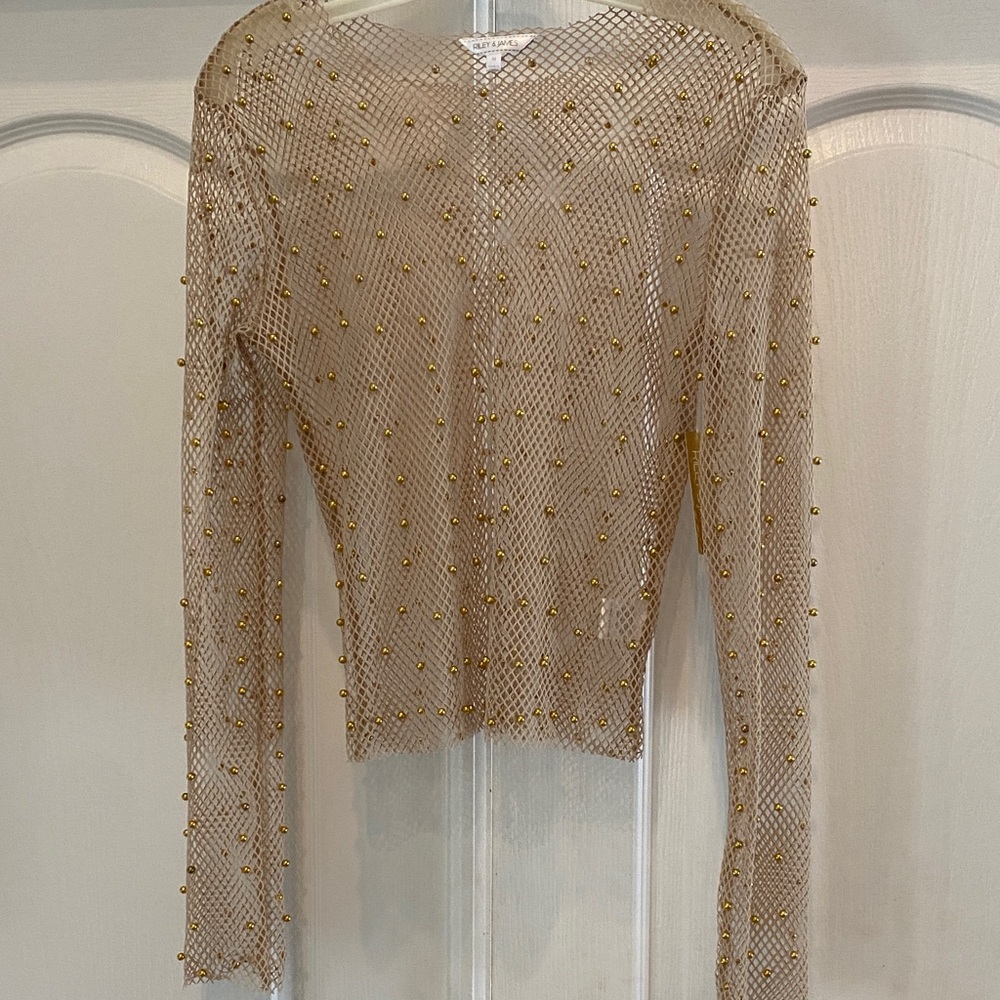 Sheer Mesh Gold-Studded Long Sleeve Top - Beige by Riley & James